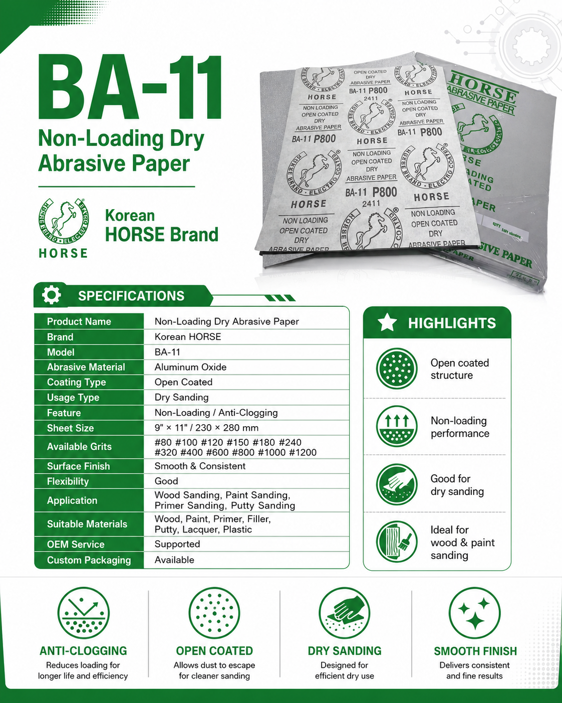 HORSE BA-11 Non-Loading Dry Abrasive Paper HORSE BA-11 Non-Loading Dry Abrasive Paper